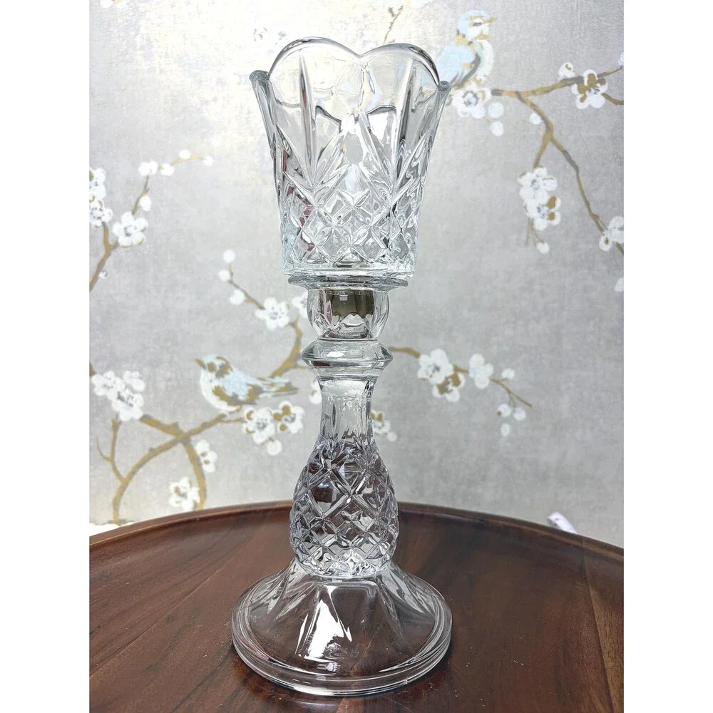 VTG Homeco Clear Pressed Glass Hurricane Candle Holder Peg Votive Scalloped